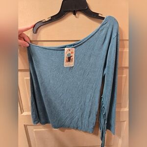 Flirty Fringe One Shoulder Fringe Long Sleeve Teal Top NWT